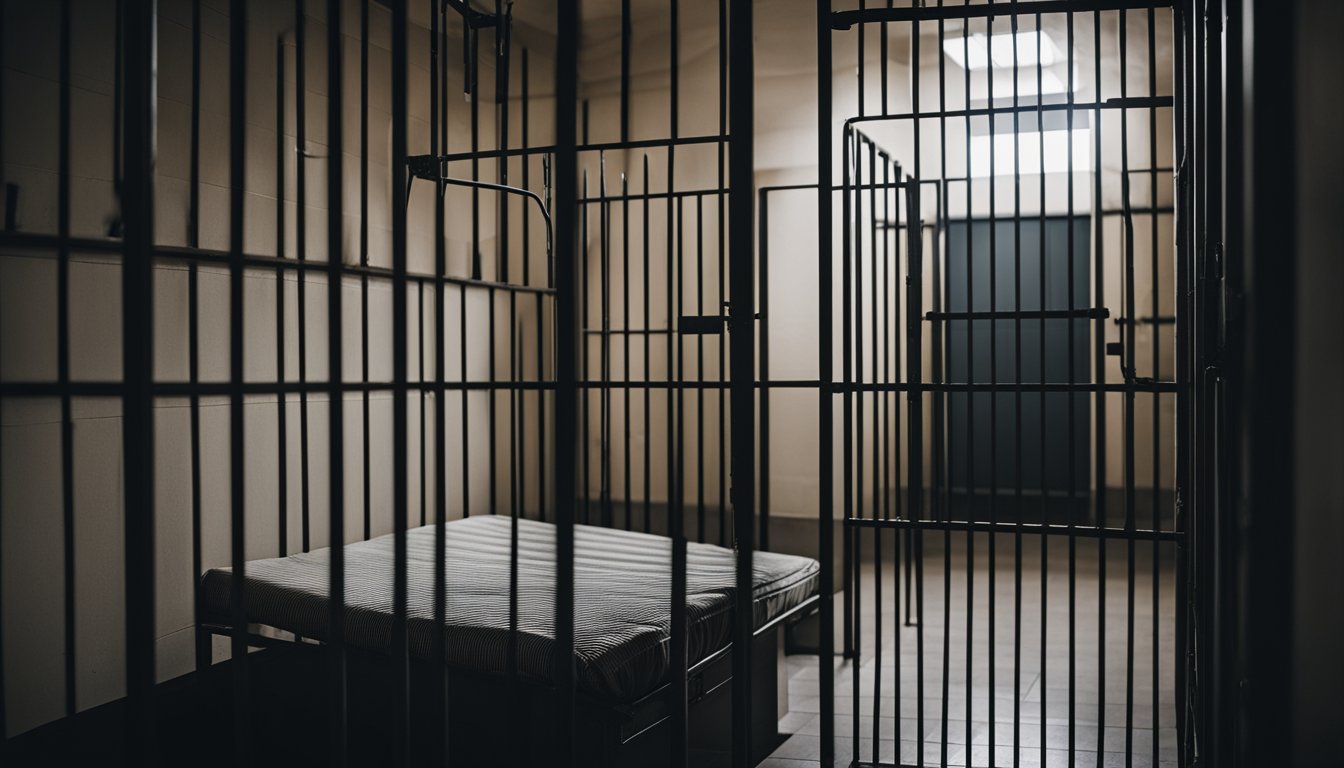 A solitary prison cell with bars and a small window. Dark and claustrophobic, with minimal furniture and no personal items